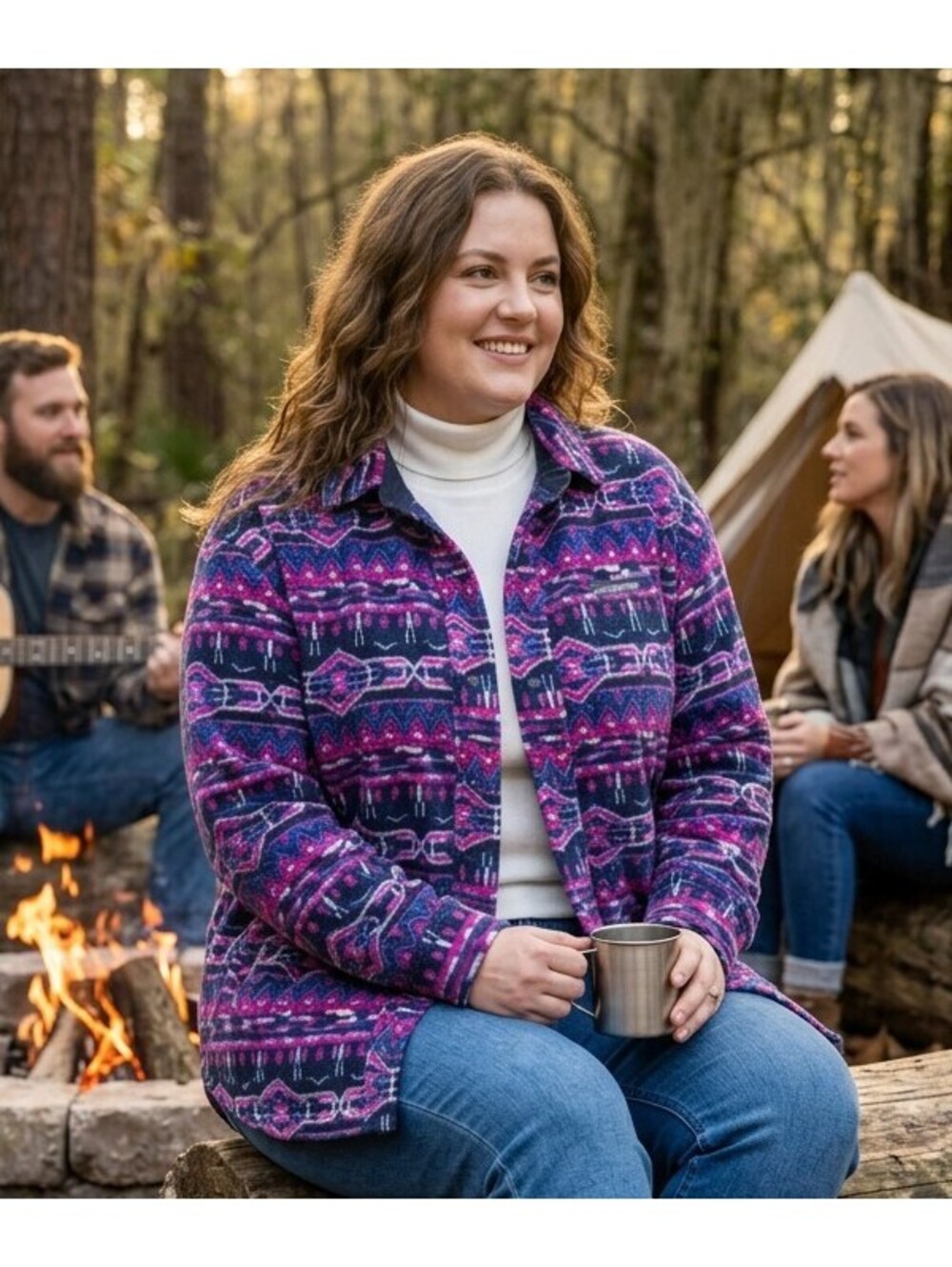Columbia Women's 1X Geometric Fleece Shacket Pink Navy Snap Front Retro Outdoor